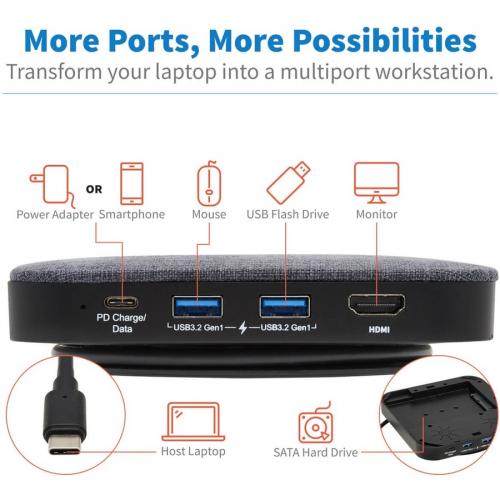 Tripp Lite By Eaton USB C Dock With Optional Internal Hard Drive, 4K HDMI, USB 3.x (5Gbps), USB A/USB C Hub, SATA III, 100W PD Charging, Gray Alternate-Image5/500