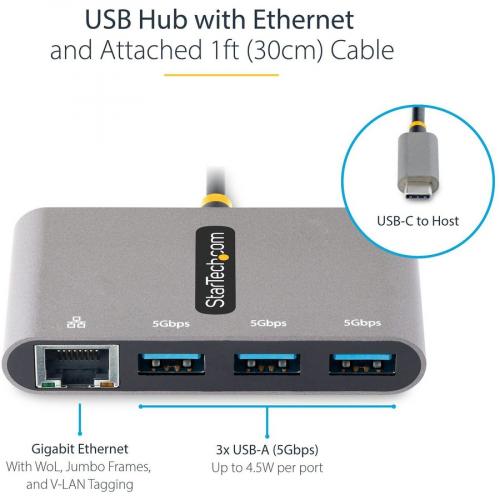 StarTech.com 3 Port USB C Hub With Ethernet, 3x USB A, Gigabit Ethernet, USB 3.0 5Gbps, Bus Powered, Portable Laptop USB Type C Hub W/ GbE Alternate-Image5/500