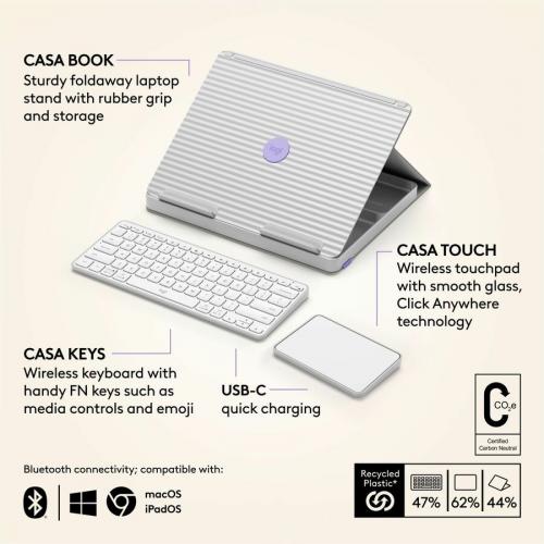 Logitech Casa Pop Up Desk Work From Home Kit With Laptop Stand, Wireless Keyboard & Touchpad, Bluetooth, USB C Charging, For Laptop/MacBook (10" To 17")   Windows, MacOS, ChromeOS, Nordic Calm (Sand/Off White) Alternate-Image5/500