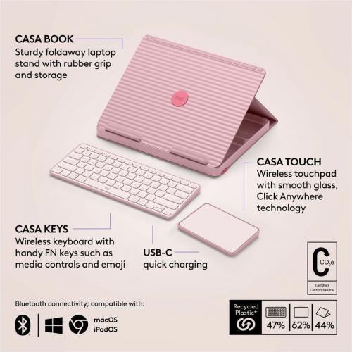 Logitech Casa Pop Up Desk Work From Home Kit With Laptop Stand, Wireless Keyboard & Touchpad, Bluetooth, USB C Charging, For Laptop/MacBook (10" To 17")   Windows, MacOS, ChromeOS, Bohemian Blush (Rose) Alternate-Image5/500