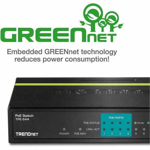 TRENDnet 8 Port 10/100Mbps PoE Switch, 4 X 10/100 Ports, 4 X 10/100 PoE Ports, 30W PoE Power Budget, 1.6 Gbps Switching Capacity, 802.3af, Limited Lifetime Protection, Black, TPE S44 Alternate-Image6/500