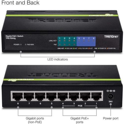 TRENDnet 8 Port Gigabit GREENnet PoE+ Switch, 4 X Gigabit PoE PoE+ Ports, 4 X Gigabit Ports, 61W Power Budget, 16 Gbps Switch Capacity, Ethernet Unmanaged Switch, Lifetime Protection, Black, TPE TG44G Alternate-Image6/500