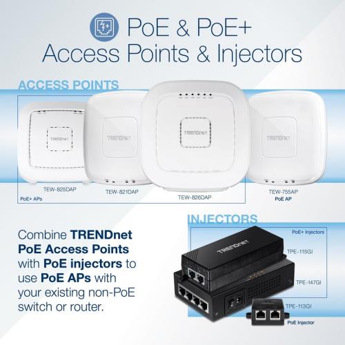 TRENDnet AC1200 Dual Band PoE Indoor Access Point, MU MIMO, 867 Mbps WiFi AC, 300 Mbps WiFi N Bands, Client Bridge, Repeater Modes, Gigabit PoE LAN Port, Captive Portal For Hotspot, White, TEW 821DAP Alternate-Image6/500