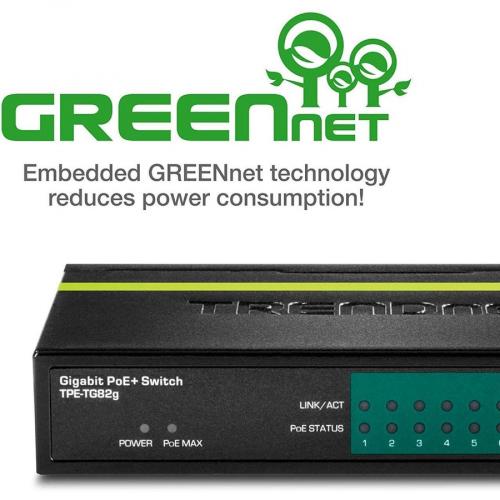 TRENDnet 8 Port GREENnet Gigabit PoE+ Switch, Supports PoE And PoE+ Devices, 61W PoE Budget, 16Gbps Switching Capacity, Data & Power Via Ethernet To PoE Access Points & IP Cameras, Black, TPE TG82G Alternate-Image6/500