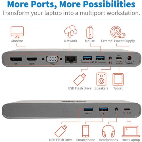 Tripp Lite By Eaton USB C Dock, Triple Display   4K HDMI/DisplayPort, VGA, USB 3.x (5Gbps), USB A/C Hub Ports, GbE, 100W PD Charging   Thunderbolt 3, Silver Alternate-Image6/500