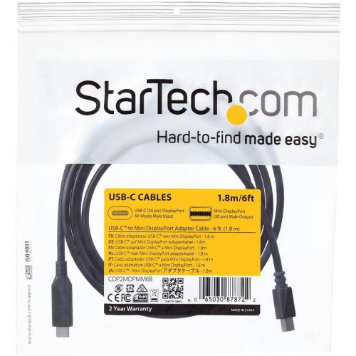 StarTech.com 6 Ft. / 1.8 M USB C To Mini DisplayPort Cable   4K 60Hz   Black   USB 3.1 Type C To Mini DP Adapter Cable   MDP Cable Alternate-Image6/500