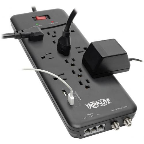 Eaton Tripp Lite Series Protect It! 12 Outlet Surge Protector, 8 Ft. (2.43 M) Cord, 4320 Joules, Tel/Modem/Coax Protection, 2 USB Ports, Black Alternate-Image6/500