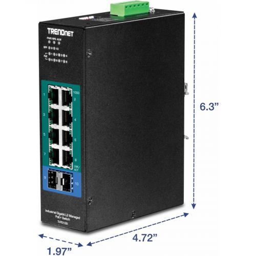TRENDnet 10 Port Industrial Gigabit L2 Managed PoE+ DIN Rail Switch, 8 X Gigabit PoE+ Ports, DIN Rail Mount, 2 X SFP Slots, 24?57V DC Power Input, IP30, VLAN, Lifetime Protection, Black, TI PG102i Alternate-Image6/500