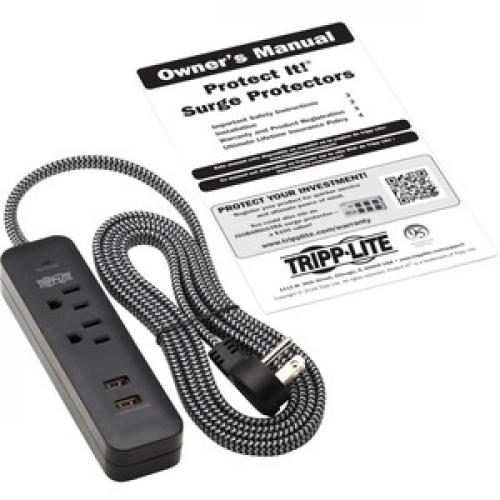 Tripp Lite By Eaton 2 Outlet Surge Protector With 2 USB Ports (2.1A Shared)   6 Ft. Cord, 5 15P Plug, 450 Joules, Black Alternate-Image6/500