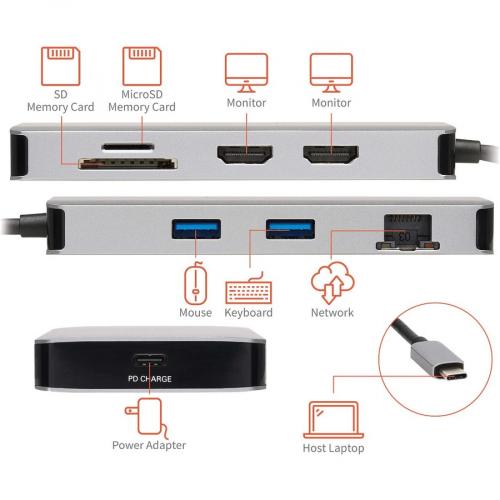 Tripp Lite By Eaton USB C Dock, Dual Display   4K 60 Hz HDMI, USB 3.x (5Gbps) Hub Ports, GbE, Memory Card, 100W PD Charging, Gray Alternate-Image6/500