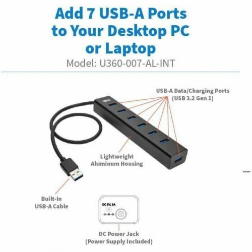 Tripp Lite By Eaton 7 Port USB A Mini Hub   USB 3.x (5Gbps), International Plug Adapters, Aluminum Housing Alternate-Image6/500