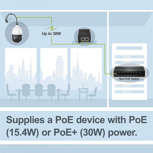 TRENDnet Gigabit Power Over Ethernet Plus Injector, Converts Non Poe Gigabit To Poe+ Or PoE Gigabit, Supplies PoE (15.4W) Or PoE+ (30W) Power Network Distances Up To 100M (328 Ft.), Black, TPE 115GI Alternate-Image7/500