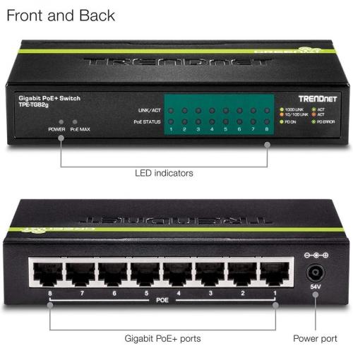 TRENDnet 8 Port GREENnet Gigabit PoE+ Switch, Supports PoE And PoE+ Devices, 61W PoE Budget, 16Gbps Switching Capacity, Data & Power Via Ethernet To PoE Access Points & IP Cameras, Black, TPE TG82G Alternate-Image7/500