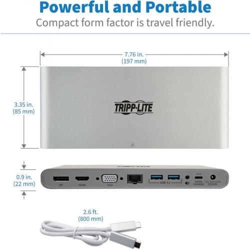 Tripp Lite By Eaton USB C Dock, Triple Display   4K HDMI/DisplayPort, VGA, USB 3.x (5Gbps), USB A/C Hub Ports, GbE, 100W PD Charging   Thunderbolt 3, Silver Alternate-Image7/500