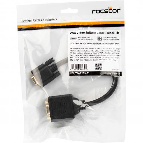 Rocstor Premium 1 Ft VGA To 2x VGA Video Splitter Cable M/F   DB 15 Male   DB 15 Female   Black   1 Ft VGA Video Cable For Monitor, Video Device   Gold Plated Connector Alternate-Image7/500