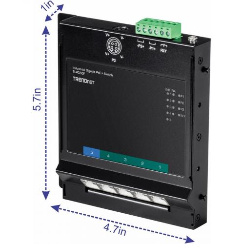 TRENDnet 5 Port Industrial Gigabit Poe+ Wall Mounted Front Access Switch; 5X Gigabit Poe+ Ports; DIN Rail Mount; 48 ?57V DC Power Input; IP30; 120W Poe Budget;Lifetime Protection; TI PG50F Alternate-Image7/500