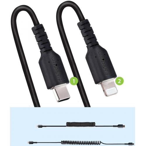 StarTech.com 1m (3ft) USB C To Lightning Cable, MFi Certified, Coiled IPhone Charger Cable, Black, Durable TPE Jacket Aramid Fiber Alternate-Image7/500