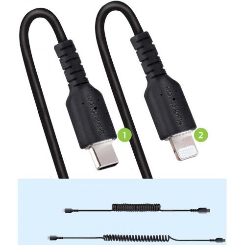 StarTech.com 50cm / 20in USB C To Lightning Cable, MFi Certified, Coiled IPhone Charger Cable, Black, TPE Jacket Aramid Fiber Alternate-Image7/500