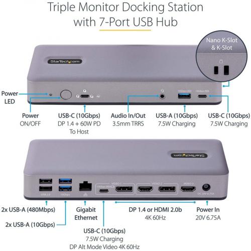 StarTech.com USB C Docking Station, HDMI/DP/DP Alt Mode USB C Dock, Triple/Dual 4K, 7x USB Hub, 60W PD, GbE, WWCB Certified Alternate-Image7/500