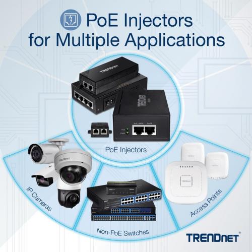 TRENDnet Gigabit Power Over Ethernet Plus Injector, Converts Non Poe Gigabit To Poe+ Or PoE Gigabit, Supplies PoE (15.4W) Or PoE+ (30W) Power Network Distances Up To 100M (328 Ft.), Black, TPE 115GI Alternate-Image8/500