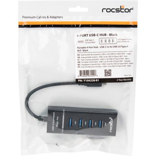 Rocstor Premium Slim Portable 4 Port Hub   USB C To 4x USB A Slim Hub   USB 3.0 Hub   Bus Powered   Black   USB C To USB Type A Hub   USB Type C   External   USB C 3.1 To 4 USB Type A 3.0 Port(s) USB A Alternate-Image8/500
