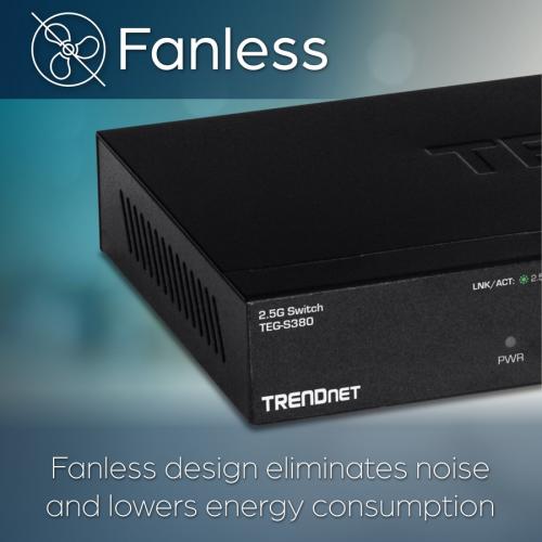 TRENDnet 8 Port Unmanaged 2.5G Switch, 8 X 2.5GBASE T Ports, 40Gbps Switching Capacity, Backwards Compatible With 1000Mbps Devices, Fanless, Wall Mountable, Black, TEG S380 Alternate-Image8/500