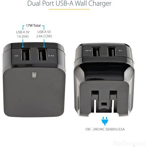StarTech.com 2 Port USB Wall Charger, 17W Wall Charger Hub (2.4A & 1A Port), Dual USB A Power Adapter, Portable Charger For Phones/Tablets Alternate-Image8/500