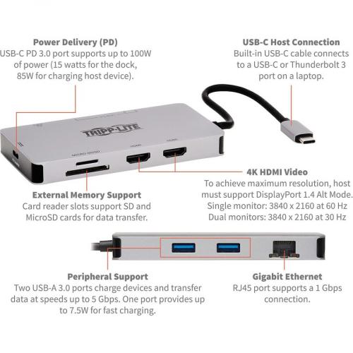 Tripp Lite By Eaton USB C Dock, Dual Display   4K 60 Hz HDMI, USB 3.x (5Gbps) Hub Ports, GbE, Memory Card, 100W PD Charging, Gray Alternate-Image8/500