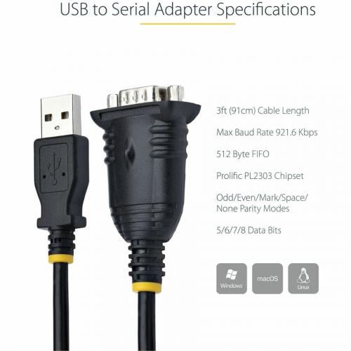 StarTech.com 3ft (1m) USB To Serial Cable, DB9 Male RS232 To USB Converter, USB To Serial Adapter, COM Port Adapter With Prolific IC Alternate-Image8/500