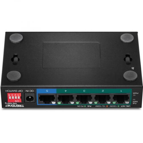 TRENDnet 5 Port Gigabit PoE+ Switch, Camera DIP Switch Extends PoE+ 200m (656 Ft.), 60W PoE Budget, Black, TPE TG51g Bottom/500