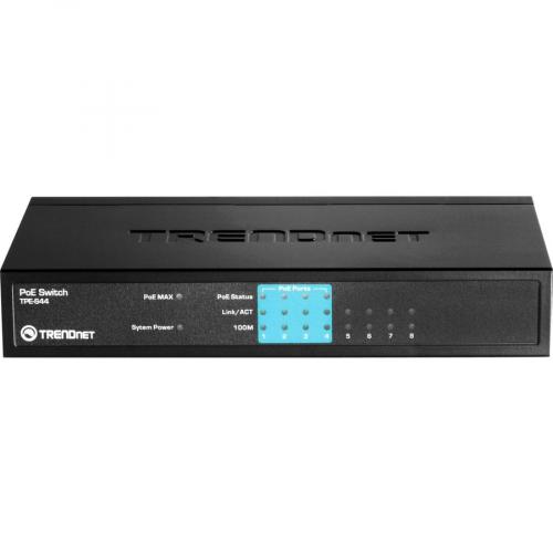 TRENDnet 8 Port 10/100Mbps PoE Switch, 4 X 10/100 Ports, 4 X 10/100 PoE Ports, 30W PoE Power Budget, 1.6 Gbps Switching Capacity, 802.3af, Limited Lifetime Protection, Black, TPE S44 Front/500