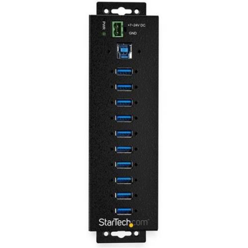 StarTech.com 10 Port USB Hub W/ Power Adapter   Metal Industrial USB 3.0 Data Hub   Din Rail, Wall & Desk Mount USB 3.2 Gen 1 5Gbps Hub Front/500