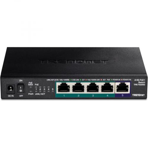 TRENDnet 5 Port Unmanaged 2.5G PoE+ Switch, Fanless, Compact Desktop Design, Metal Housing, 2.5GBASE T Ports, IEEE 802.3bz, 55W PoE Budget, Life Protection, Black, TPE TG350 Front/500