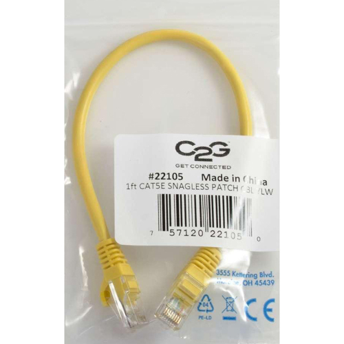 C2G 3ft Cat5e Ethernet Cable   Snagless Unshielded (UTP)   Yellow In-Package/500