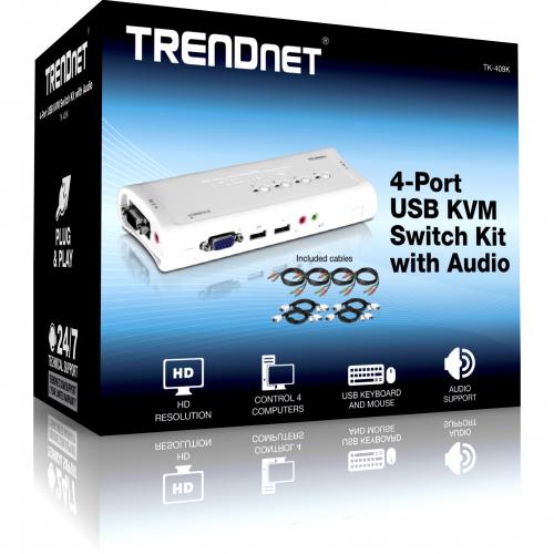TRENDnet 4 Port USB KVM Switch And Cable Kit With Audio, Manage 4 Computers, USB Switch, Windows, Linux, Auto Scan, Plug And Play, Hot Pluggable, 2048 X 1536 VGA Resolution, White, TK 409K In-Package/500