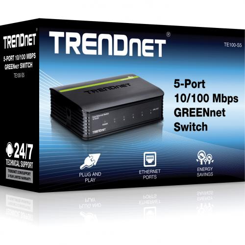 TRENDnet 5 Port Unmanaged 10/100 Mbps GREENnet Ethernet Desktop Plastic Housing Switch; 5 X 10/100 Mbps Ports; 1Gbps Switching Capacity; TE100 S5 In-Package/500