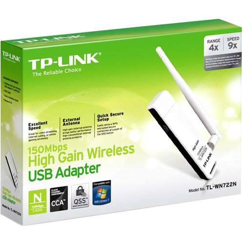 TP LINK TL WN722N Wireless N150 High Gain USB Adapter,150Mbps, W/4 DBi High Gain Detachable Antenna, IEEE 802.1b/g/n, WEP, WPA/WPA2 In-Package/500