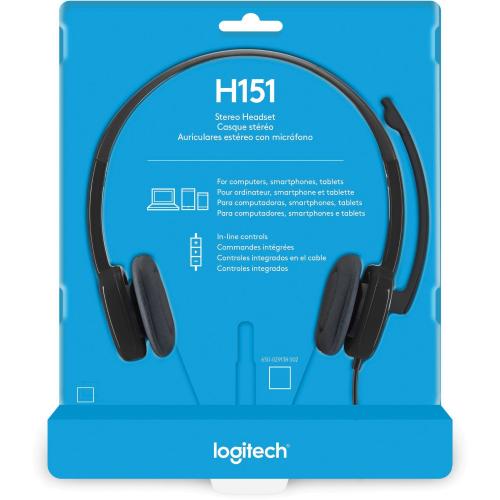 Logitech H151 Stereo Headset With Rotating Boom Mic (Black)   Stereo   3.5MM AUDIO JACK CONNECTION   Wired   In Line Control   22 Ohm   20 Hz   20 KHz   Over The Head   5.9 Ft Cable   Black In-Package/500