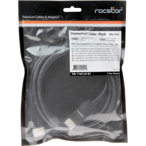 Rocstor Y10C127 B1 Premium DisplayPort To HDMI Converter Cable   6 Ft.   4K   For Monitor, Projector, Ultrabook, TV, Graphics Cards, Notebook And Desktop Computer, Black In-Package/500