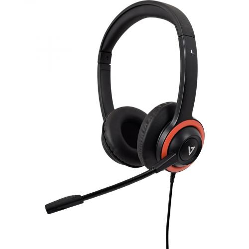 V7 Safe Sound Education K 12 Headset With Microphone, Volume Limited, Antimicrobial, 2m USB Cable, Laptop Computer, Chromebook, PC   Black, Red Left/500