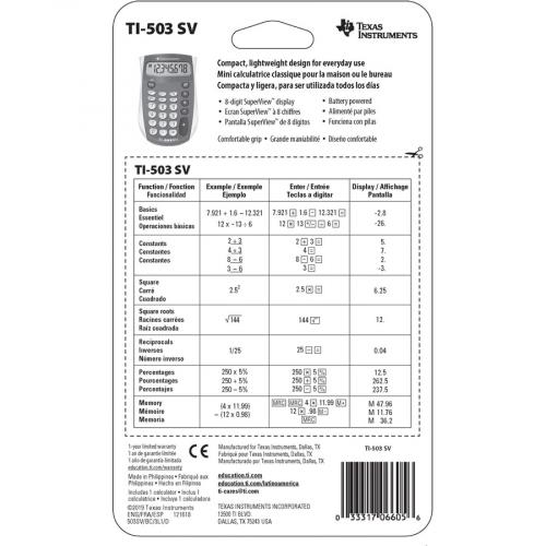 Texas Instruments TI503 SuperView Pocket Calculator Rear/500