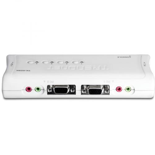 TRENDnet 4 Port USB KVM Switch And Cable Kit With Audio, Manage 4 Computers, USB Switch, Windows, Linux, Auto Scan, Plug And Play, Hot Pluggable, 2048 X 1536 VGA Resolution, White, TK 409K Rear/500