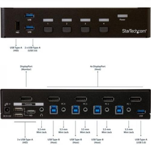 StarTech.com 4 Port DisplayPort KVM Switch   DP KVM Switch With Built In USB 3.0 Hub For Peripherals   4K 30 Hz Right/500