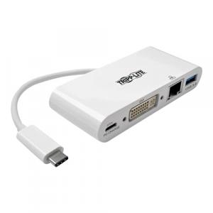 Tripp Lite by Eaton USB-C Multiport Adapter, DVI, USB 3.x (5Gbps) Hub Port, Gbe and PD Charging, White