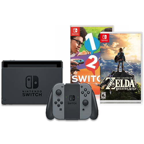 Nintendo Switch with Gray Joy-Con + Legend of Zelda Breath of the Wild + 1 2 Switch
